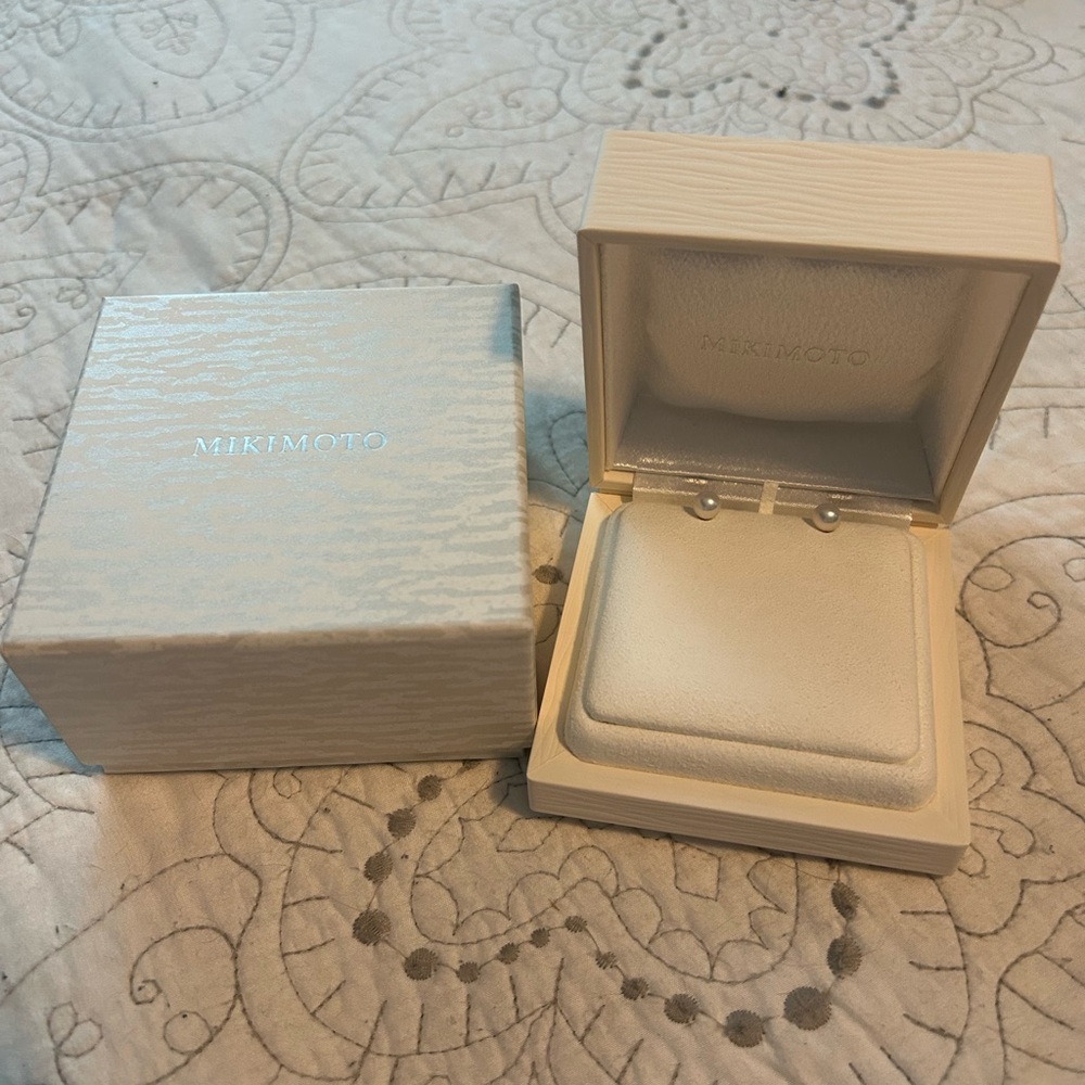 Mikimoto Pearl Studs and Ivory Jewelry Box